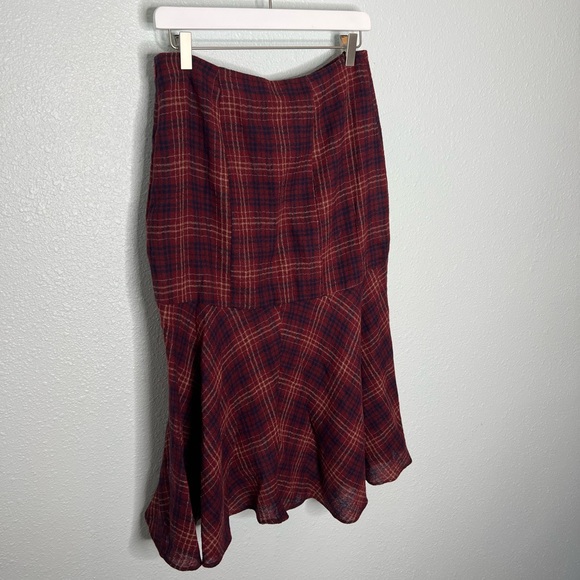 Anthropologie Maeve Burgundy Plaid Wool Midi Skirt - Picture 8 of 10